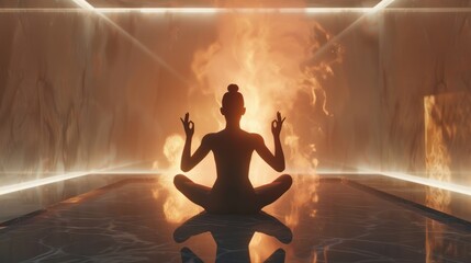 Meditating person in lotus position with hands raised in the air, yoga practice and meditation concept