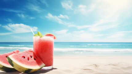 Obraz premium beautiful beach with a slice watermelon and a glass of juice
