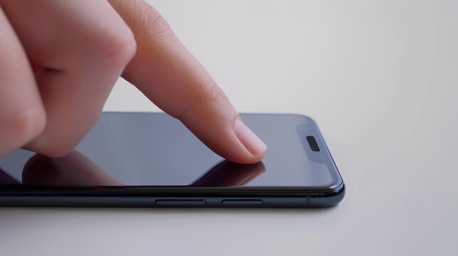 Mobile phone screen mockup, finger touching, tapping on smartphone isolated on white background - Powered by Adobe