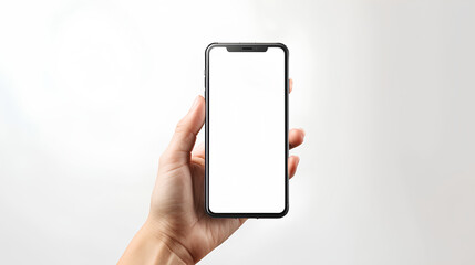 Mobile phone screen mockup in case. Hand holding smartphone display mock up isolated on white