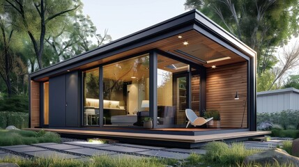Fototapeta premium Modern tiny house with a sloped roof and a wooden exterior. The small structure has large glass sliding doors, providing a glimpse into a cozy interior.