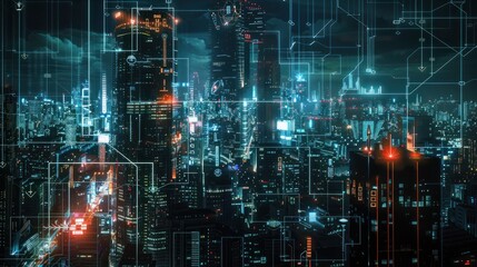 Night cityscape shows network connectivity with digital icons, reflecting a smart, advanced urban environment