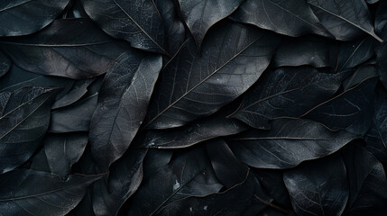 Abstract black leaves texture for a tropical leaf background, emphasizing a dark nature concept in a flat lay style.