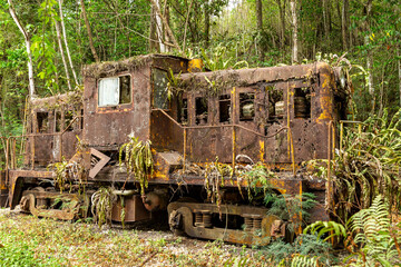back left side old rusty railway train engine