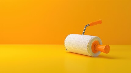 Obraz premium Roll of white paint and orange roller on yellow background artistic tools for home improvement and interior design