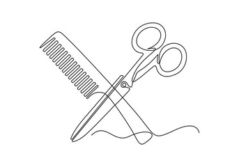Scissor and comb continuous one line drawing vector illustration. Pro vector