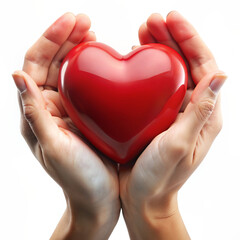 Obraz premium three-dimensional red heart between two palms on a white background. Heart in hands. 