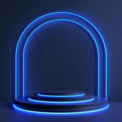 Blue stand product podium 3D background with tunnel glowing neon lighting lines scene. Futuristic minimal wall scene mockup product stage showcase, Promotion display. Generative Ai