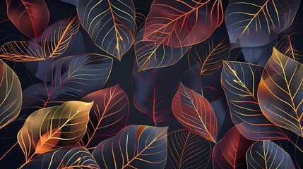 Dark background with transparent leaves of tropical plants in golden line style. Botanical art poster for design of print, banner, textile, wallpaper, interior design, packaging. Generative Ai