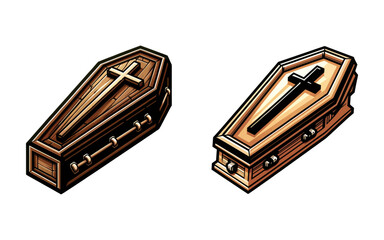Vector illustration of two wooden coffins with crosses, showcasing different designs.