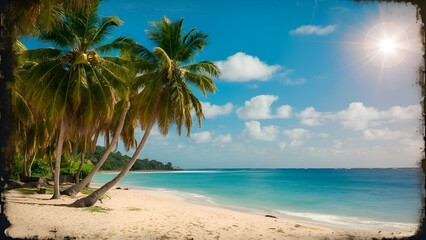 Fototapeta premium Tropical sandy beach with palm trees, vintage tone, film distress flare