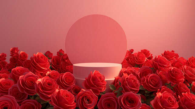 podium in the middle of roses. empty frame, in the style of rendered in cinema4d, circular shapes, dima dmitriev, minimalist backgrounds, decorative vessels, detailed crowd scenes