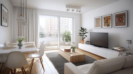 Fototapeta premium Scandinavian living rooms are characterized by simplicity, functionality, and comfort. They feature white tones, light woods, and vibrant accents for a cozy atmosphere. 