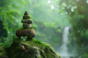 zen stone in the forest with green moss on the stone