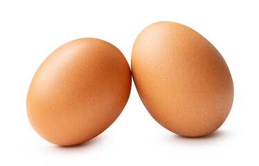 Front view of two fresh brown chicken eggs isolated on white background with clipping path