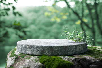Natural stone and concrete podium in Natural green background for Empty show for packaging product presentation. 