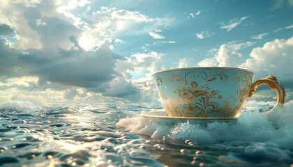 Giant teacup floating in the ocean, surreal dreamscape, whimsical concept