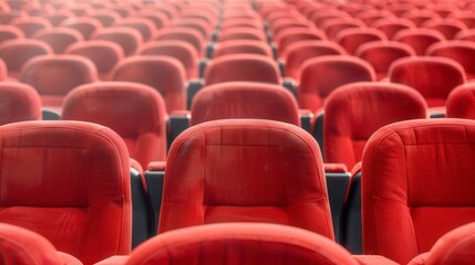 Close-up view of empty red seats in a theater, ready for an audience. Ideal for concepts of entertainment, performance, and events.