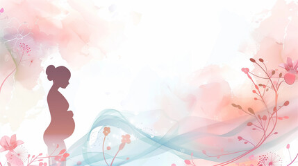 Happy pregnant woman with long hair is standing and hugging her belly. Vector cartoon illustration.
