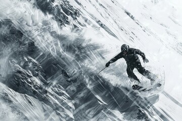 Naklejka premium A man expertly rides a snowboard down a snowy incline, An artistic interpretation of a snowboarder navigating a series of moguls on a steep slope