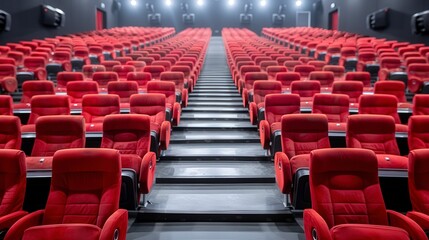 Obraz premium Empty movie theater with rows of red chairs and a brightly lit screen, ready for the next show. Modern cinema with comfortable seating.