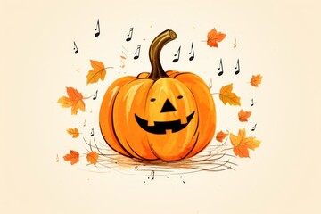 
A Simple naive illustration of a pumpkin with musical notes around it, Thanksgiving Day