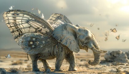 Fototapeta premium Elephant with butterfly wings flying over a desert, surreal animal hybrid