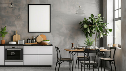 mock-up poster in a wooden frame in the interior of a modern kitchen in light colors in Scandinavian style