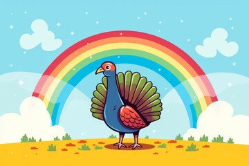 Fototapeta premium Illustration of a turkey with a rainbow, Thanksgiving Day