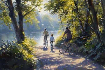 Fototapeta premium Two individuals on bicycles, riding down a path in a painting, An artistic rendering of a family biking together along a serene river path