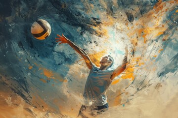 A painting of a man engaged in a playful activity, interacting with a ball, An artistic rendering of a volleyball player serving the ball with fluid motion