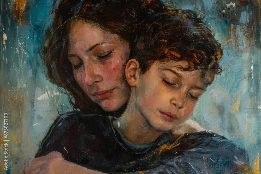 Poster A painting depicting two women hugging each other in a warm embrace, showcasing their strong bond and connection, An artwork showcasing the strong bond between a mother and her son