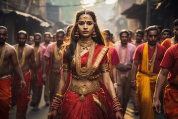 Fototapeta premium Navaratri procession with a single dancer leading the way
