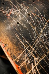 Scratches on a worn-out skateboard deck, showing the marks of countless tricks and rides, Generative AI