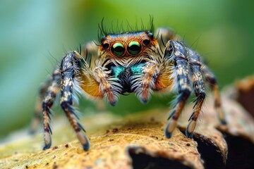 Jumping spider closeup Macro photography, Close-up image of a jumping spider, showcasing its intricate patterns and large eyes, AI generated