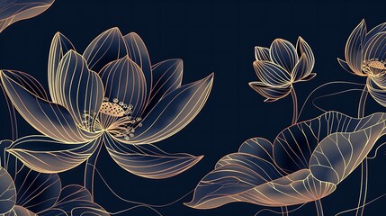 Luxury golden lotus flower line art background. Natural botanical elegant flower with gold line art. Design illustration for decoration, wall decor, wallpaper, cover, poster, card. Generative Ai