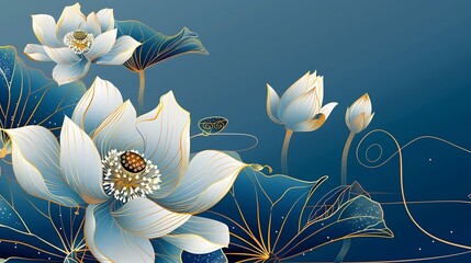 Luxury lotus flower background. Elegant white lotus flowers golden line art, leaves, gradient color on blue. Generative Ai