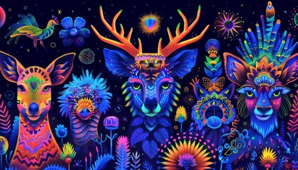 Neon animals with trippy patterns, Trippy LSD doodles, Glowing wildlife