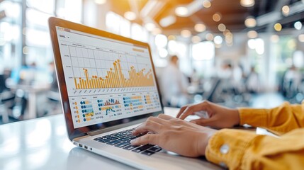 Business professional analyzing financial data on a laptop in a modern office setting with charts and graphs on the screen.