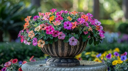 A vibrant bed of petunias in a rainbow of colors, cascading from a decorative planter in a garden setting. Perfect for themes of garden beauty, flowers, and color. AI Generative.