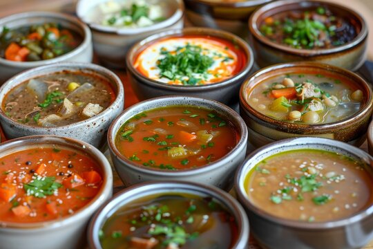 A table displayed with a diverse assortment of soups and stews, An assortment of soups and stews