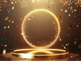 Gold podium for product presentation vector illustration. Abstract empty golden award platform with neon glowing round frame, glitter confetti sparkle rain falling from above background. Generative Ai