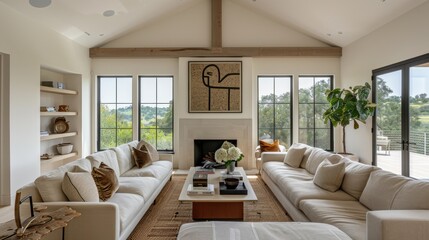 Fototapeta premium Minimalist living room styles emphasize simplicity, functionality, and neutral colors, featuring uncluttered spaces with minimal furnishings for a serene atmosphere. 