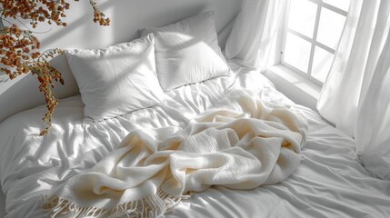 A serene and cozy white bed with fluffy pillows and a soft blanket, perfect for relaxation, captured with AI Generative.