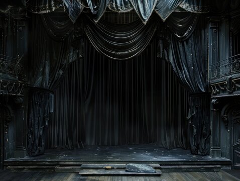 Grimdark stage curtains, downstage and main valance of theatre