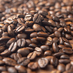 Dark roasted coffee beans, shallow focus