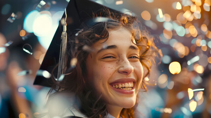 A happy teenage girl in a graduation cap and dress is smiling and surrounded by confetti. The concept of celebration and fulfillment, as a woman graduates from school