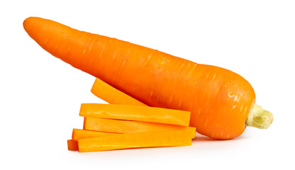 Side view of orange carrot with slices in stick shape in stack isolated on white background with clipping path