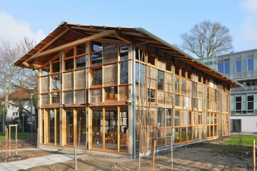 Sustainable wooden school building with numerous windows on its side, An eco-friendly school building made from sustainable materials