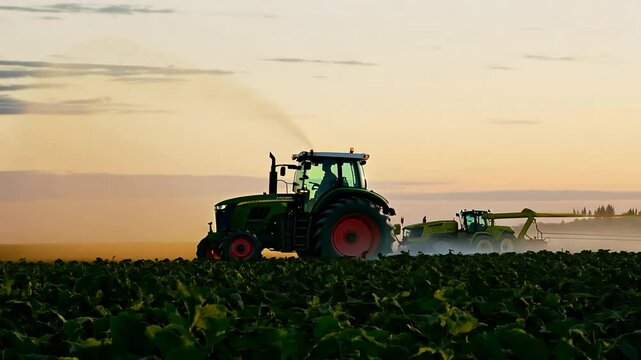 In the backdrop of a stunning sky, a tractor is seen spraying water or pesticide fertiliser on a soybean patch.